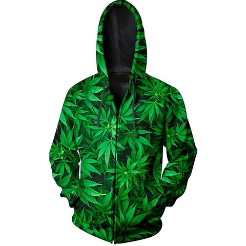 Hoodies For Men Sweatshirts 3D Printed Green Leaf Weed Graphic Pullovers Hip Hop Clothing Hooded Zipper Pocket Hoody Streetwear