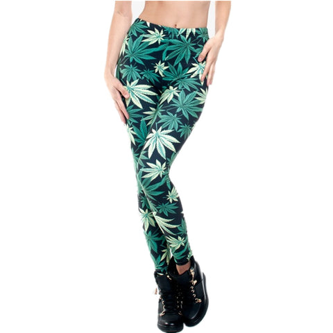 Fashion 3D print Women Leggings Knitted Causal Tayt Fitness Leggins Calzas Mujer Green Weed Girl