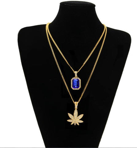 Gold Color Small Weed Pot Leaf Pendant Necklace And Mini Round Rhinestone Chain Set With 24