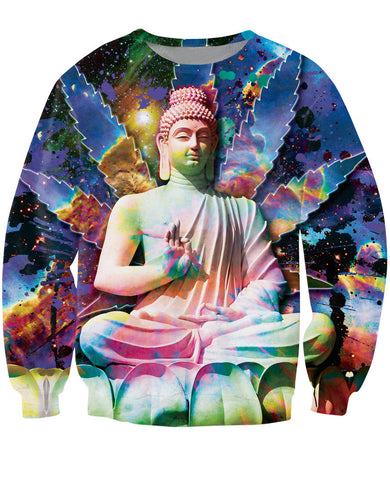 stone statute Galactic Buddha Crewneck Sweatshirt trippy space galaxy Weed Leaf Sweats tops  Jumper For Unisex Women Men