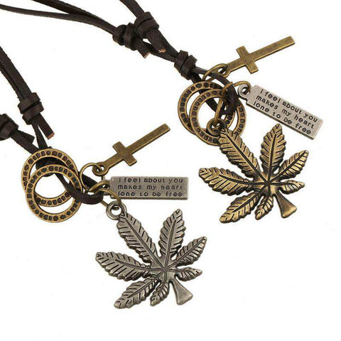 New Harajuku Steampunk Style Weed Necklace Chunky Maple Leaf Cross Dog Tag Pendants Women Necklace Long Leather Choker Jewelry